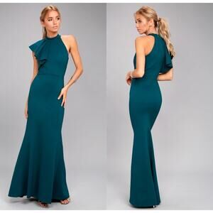 NWT Lulus Teal Margaux One-Shoulder Maxi Dress Wedding Formal Gala Banquet Sz M